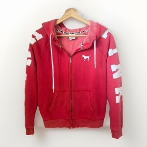 Victoria's Secret Pink Fleece Campus Zip Up Hoodie  Pink Distressed Sunwashed M